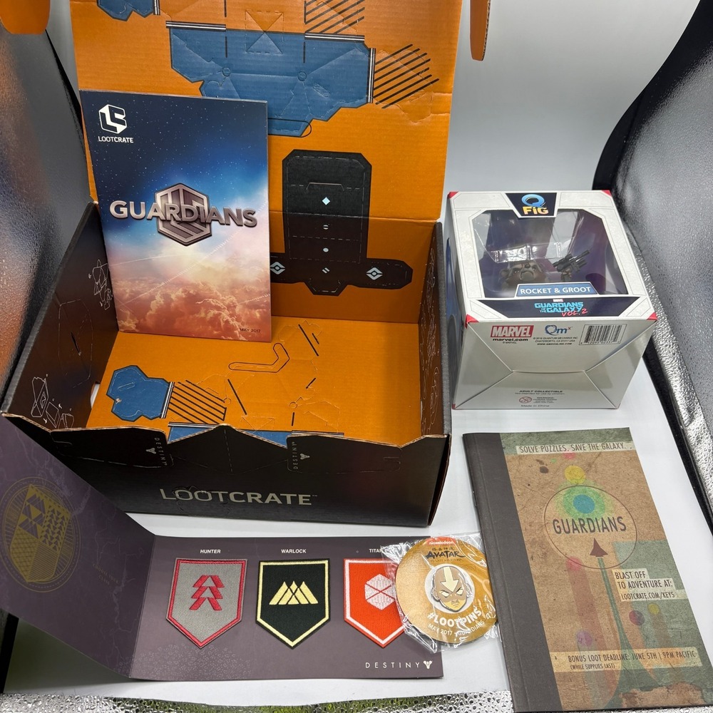 Loot Crate May 2017 Guardians Rocket Groot Q-Fig Destiny Patches Avatar Pin
